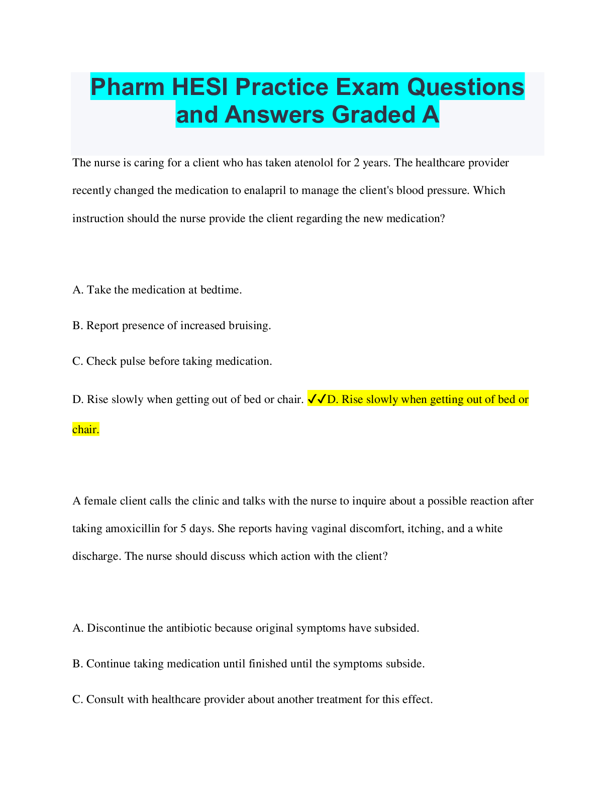 Preview of Pharm HESI Practice Exam Questions and Answers Graded A